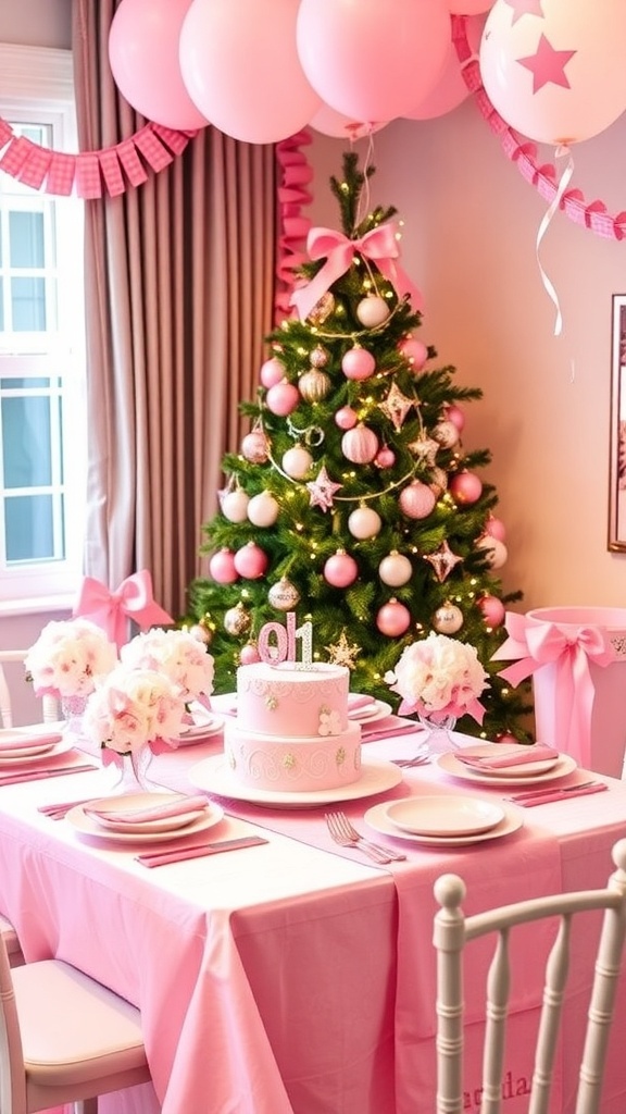 Pink Christmas Themed 1st Birthday Party Ideas A pink Christmas themed birthday party setup with a decorated table, pink cake, and Christmas tree.